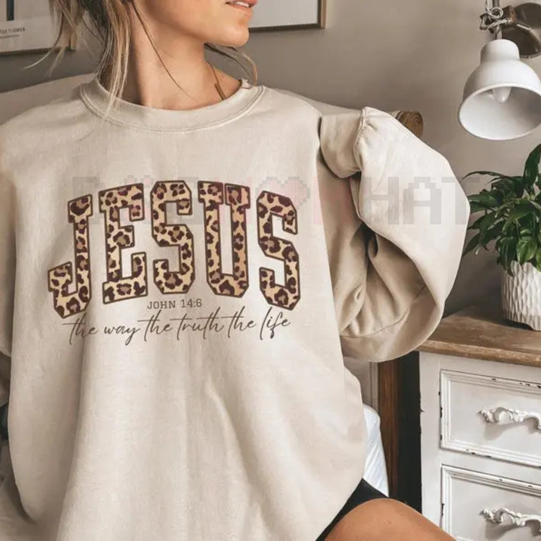 Beige Christian Jesus sweatshirt with leopard-print JESUS text and John 14:6