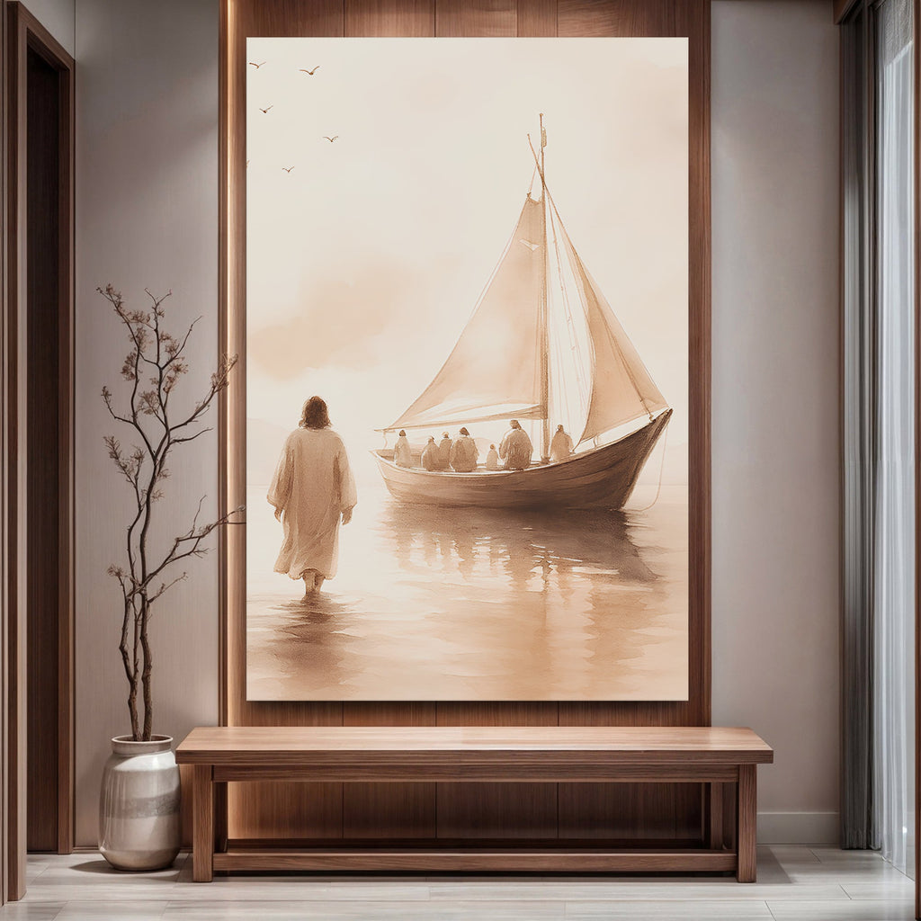Faith-themed wall art canvas with robed figure walking on water toward a sailboat