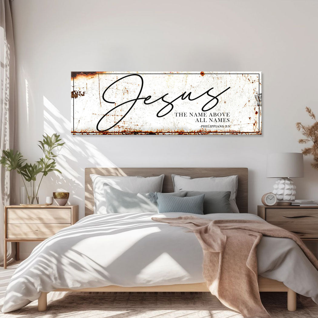 Jesus canvas wall art above bed, rust-edged border and scripture text