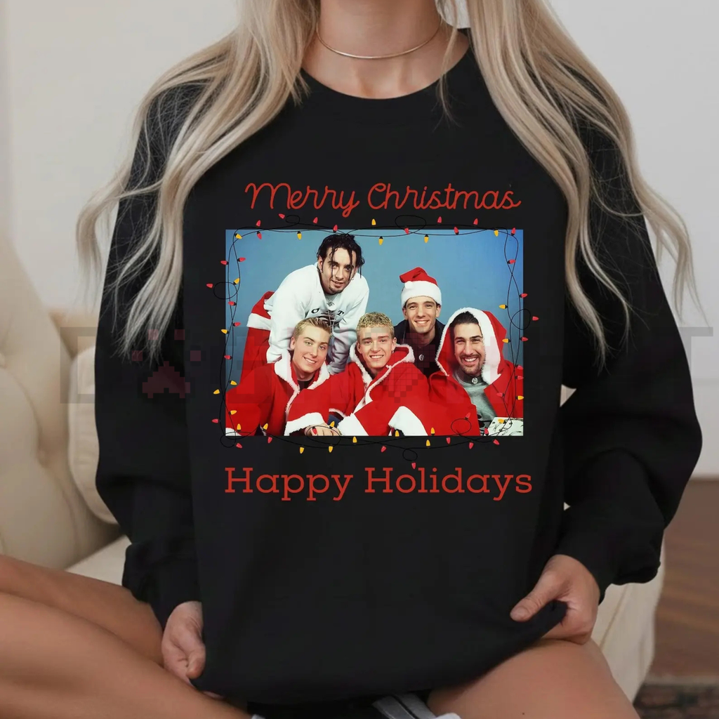 Black crewneck sweatshirt with Christmas group graphic and 'Happy Holidays' text