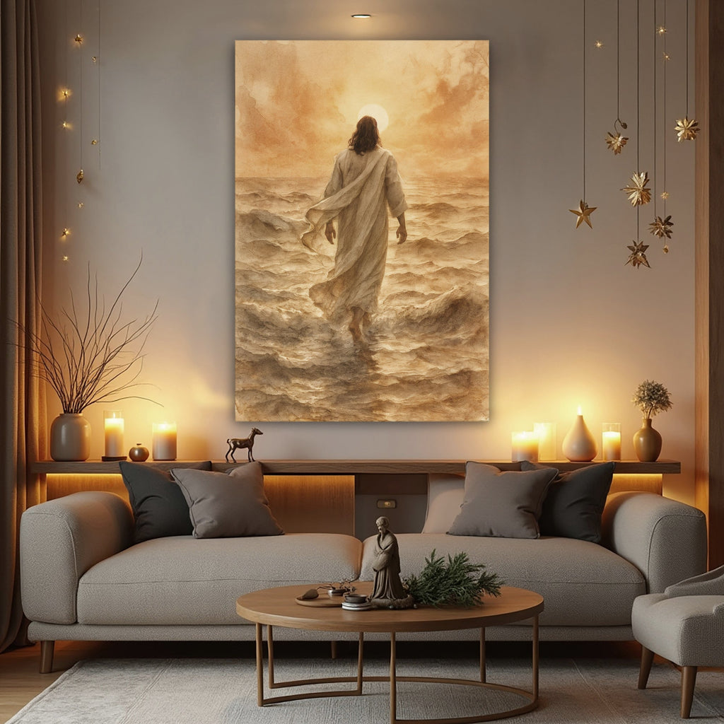 Faith wall art canvas of Jesus walking on water displayed above a sofa