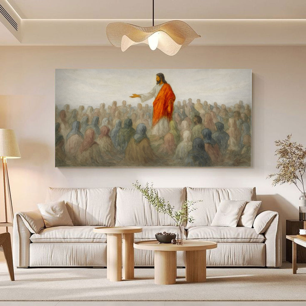 Landscape canvas wall art with a robed figure reaching toward a crowd