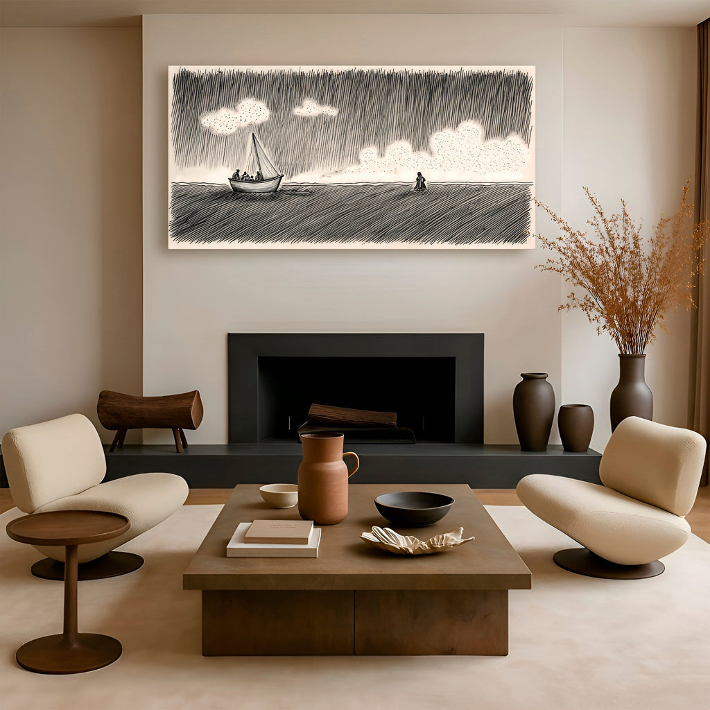 Landscape wall canvas showing a sailboat at sea with white clouds over dark water