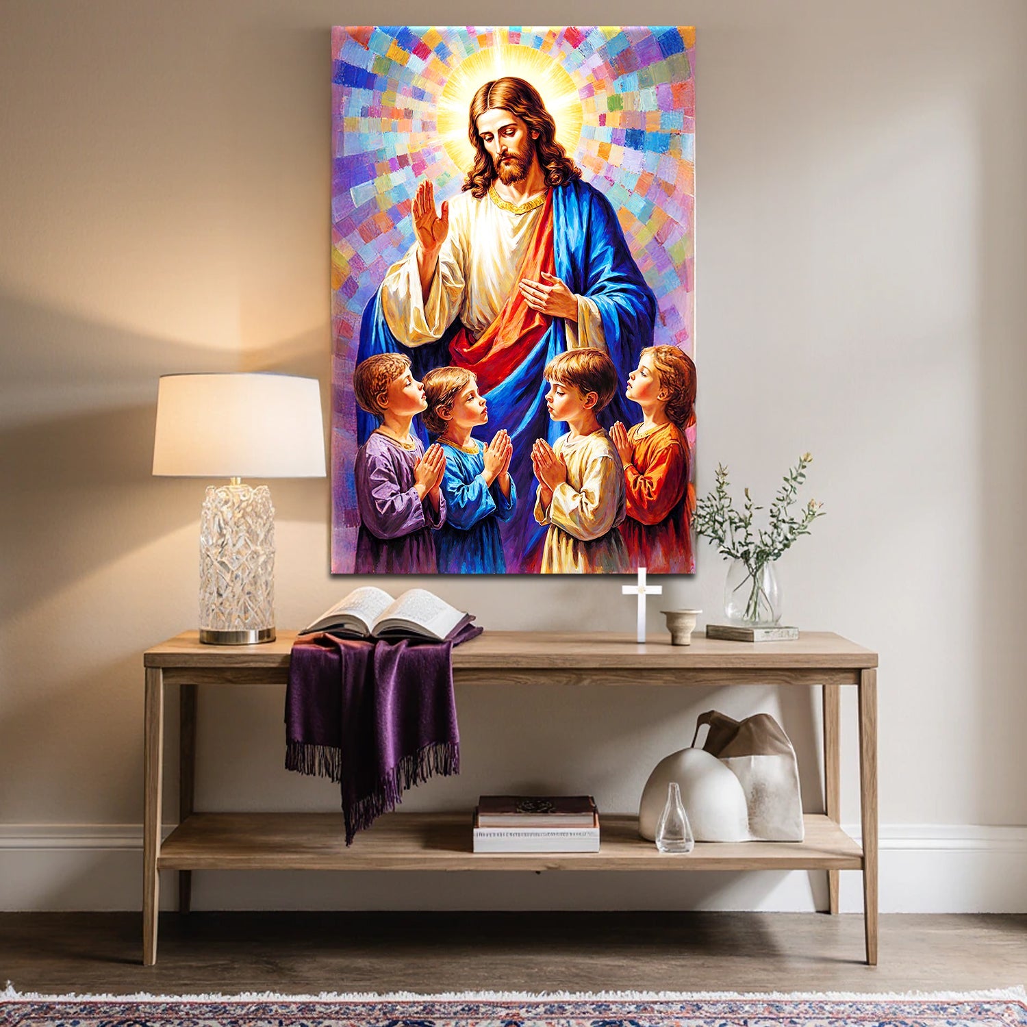 Jesus praying wall art with mosaic rays and kneeling children, vertical framed canvas print