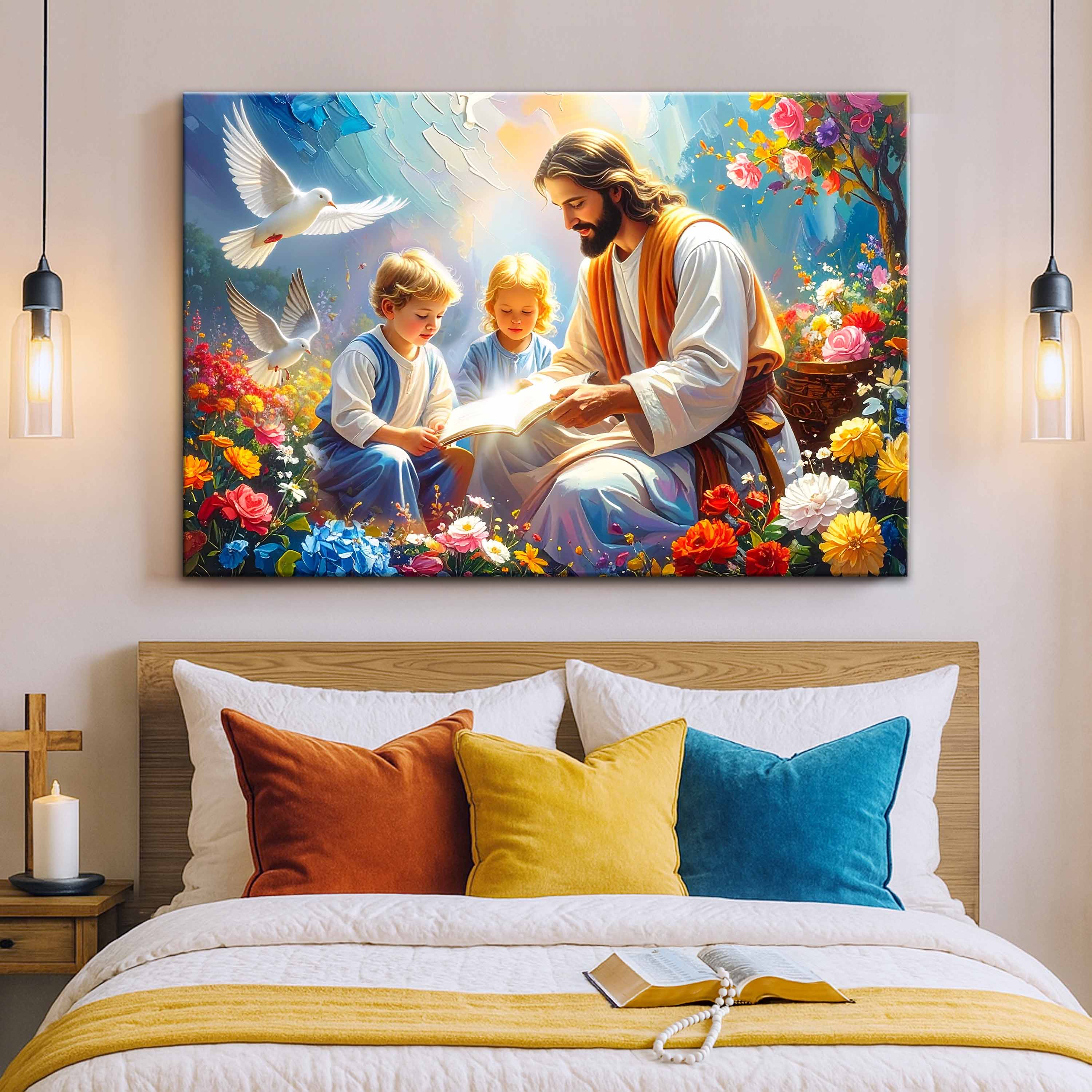 Faith wall art canvas featuring Jesus reading to two children, flowers, and doves