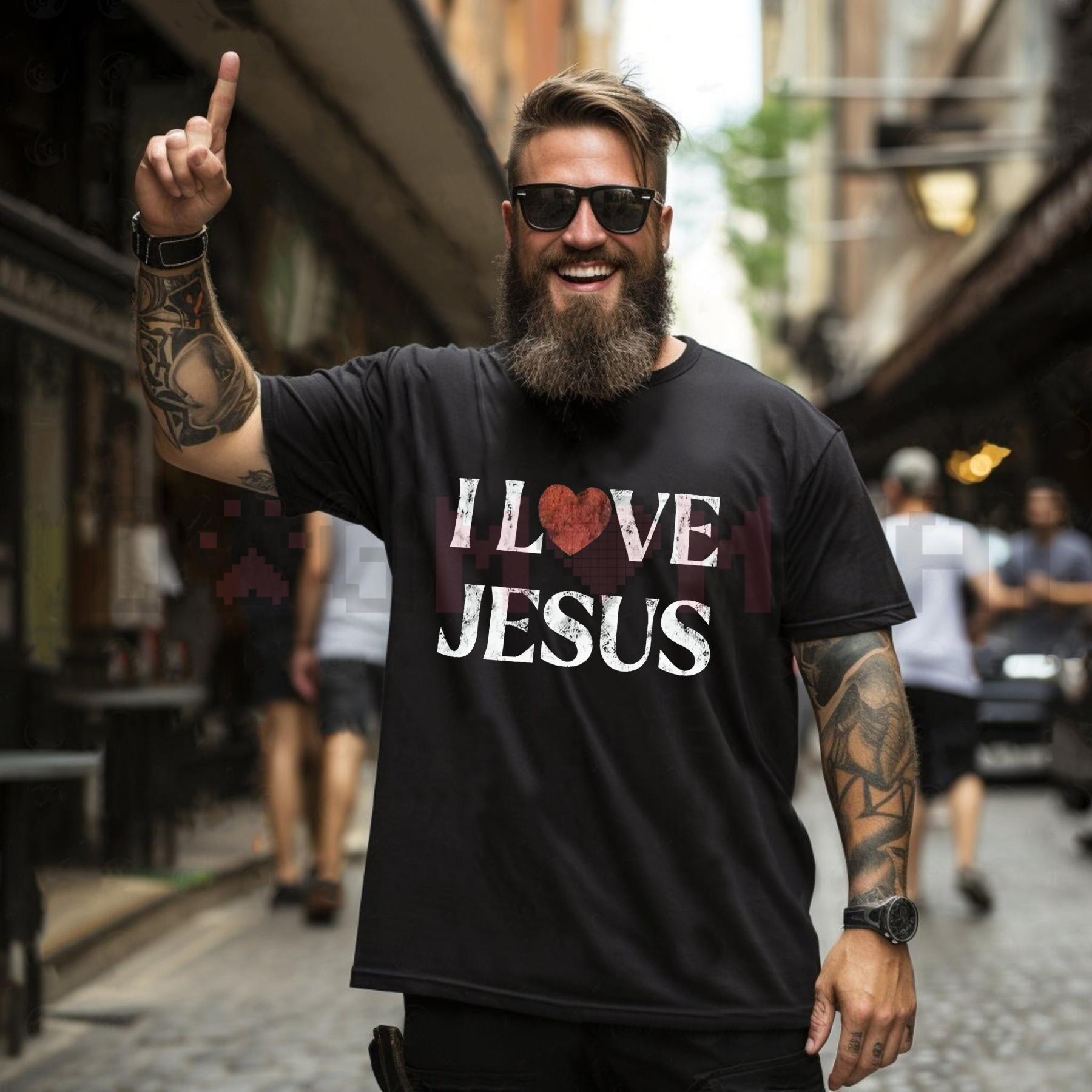 Black T-shirt with 'I LOVE JESUS' white print and red heart at chest