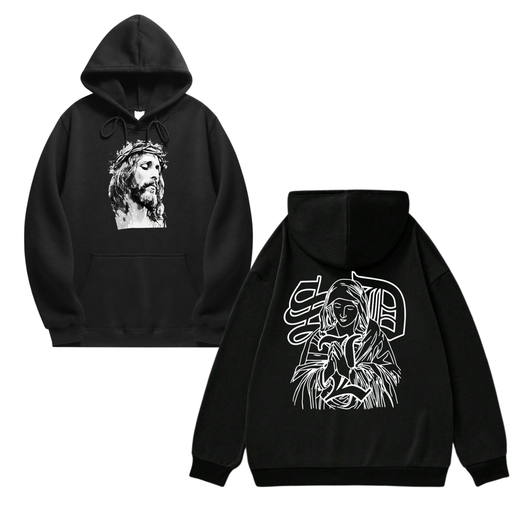 Black hoodie with bearded portrait graphic on chest and line-art figure on back