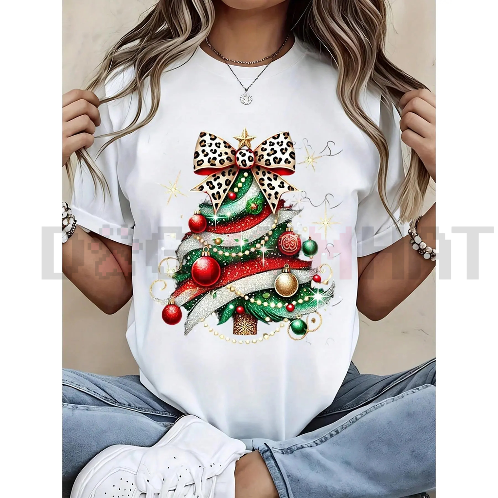Women’s white T-shirt with Christmas tree graphic, leopard bow and colorful ornaments