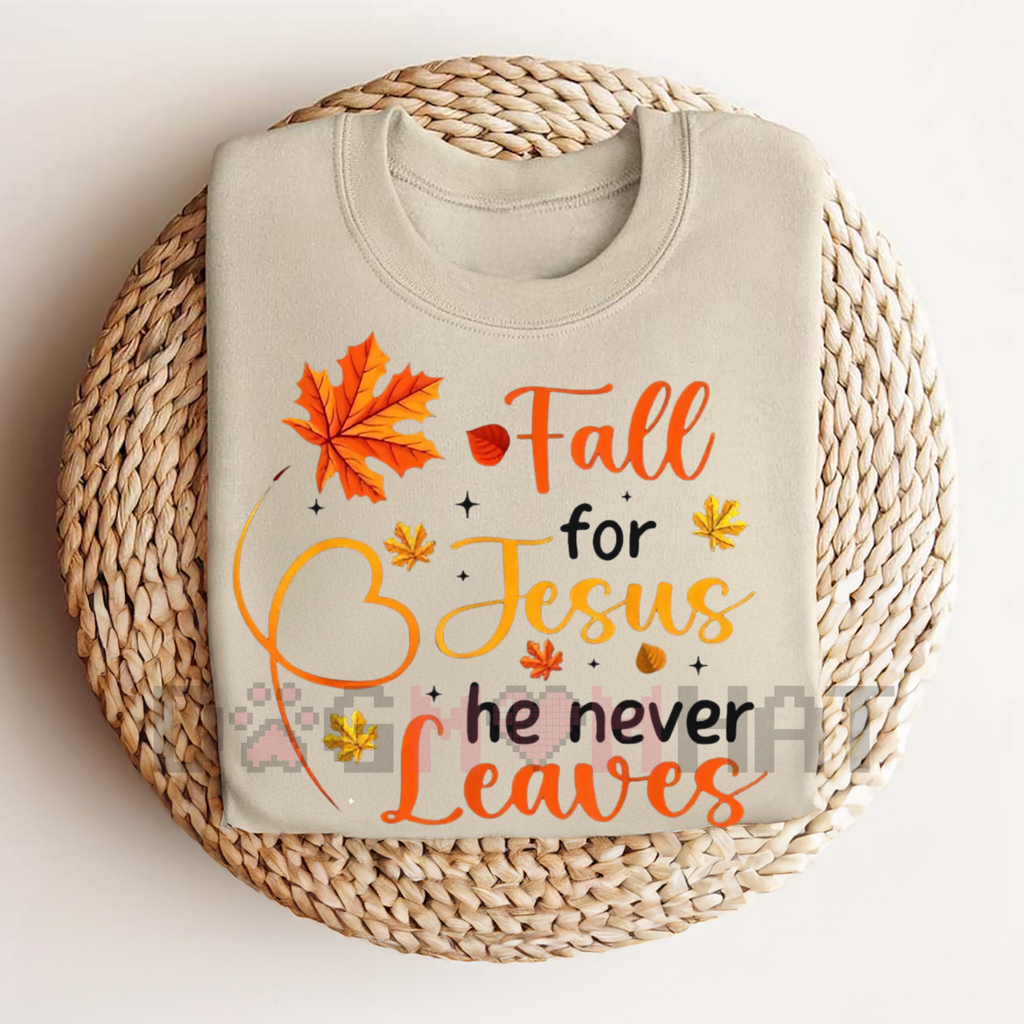 Women’s fall graphic T-shirt, light sand with “Fall for Jesus the never Leaves”