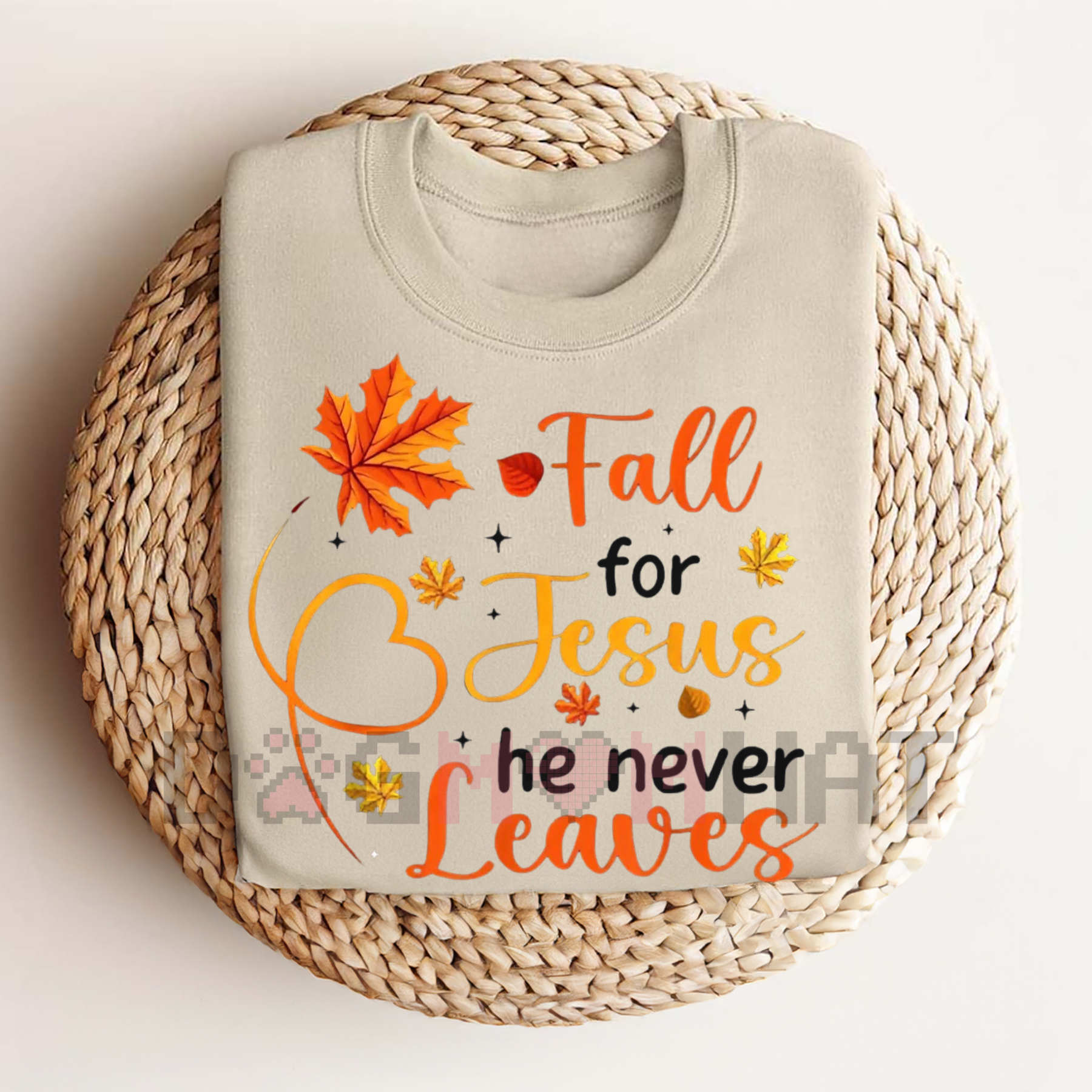 Women’s fall graphic T-shirt, light sand with “Fall for Jesus the never Leaves”