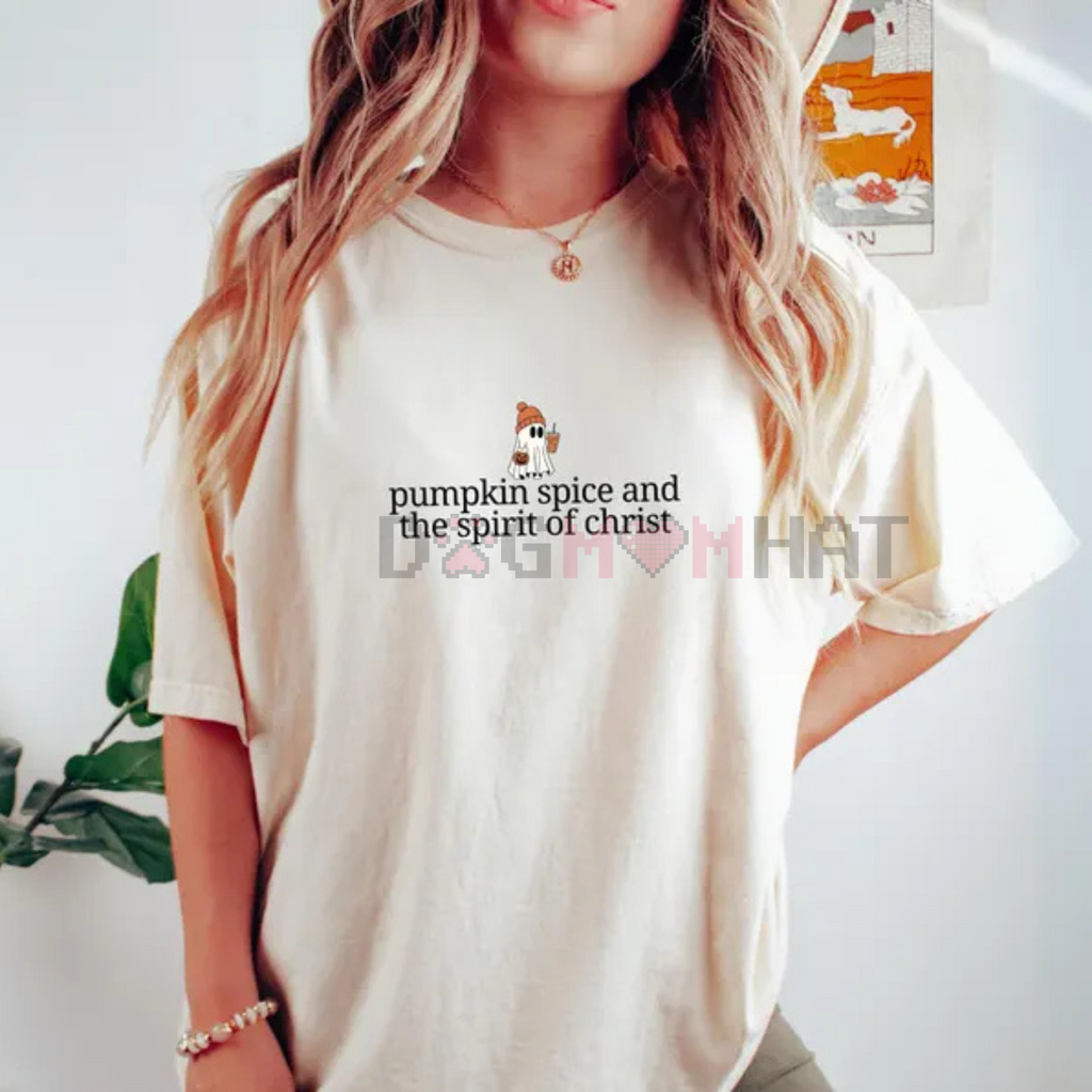Women's white Halloween T-shirt with pumpkin spice and spirit of Christ graphic