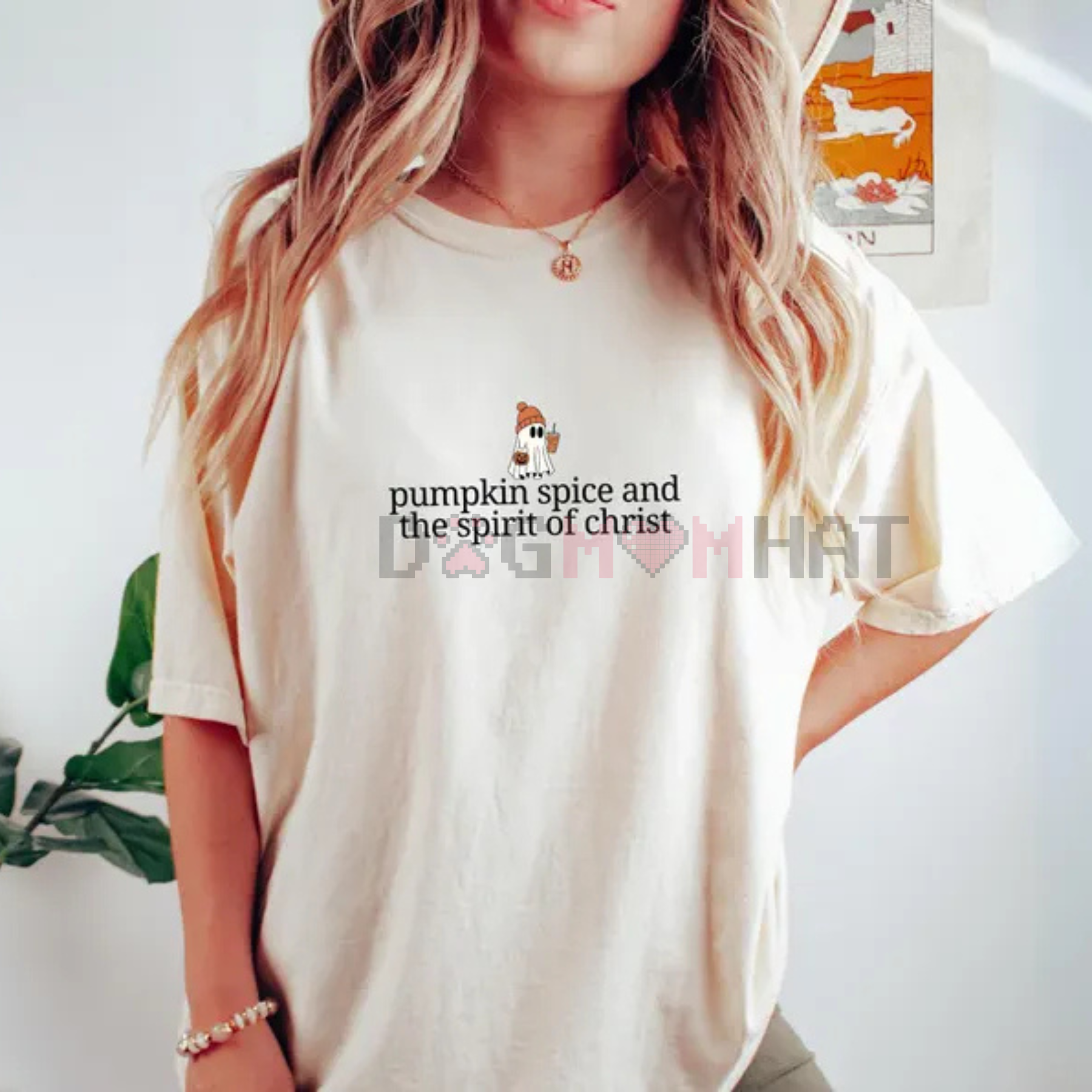 Women's white Halloween T-shirt with pumpkin spice and spirit of Christ graphic