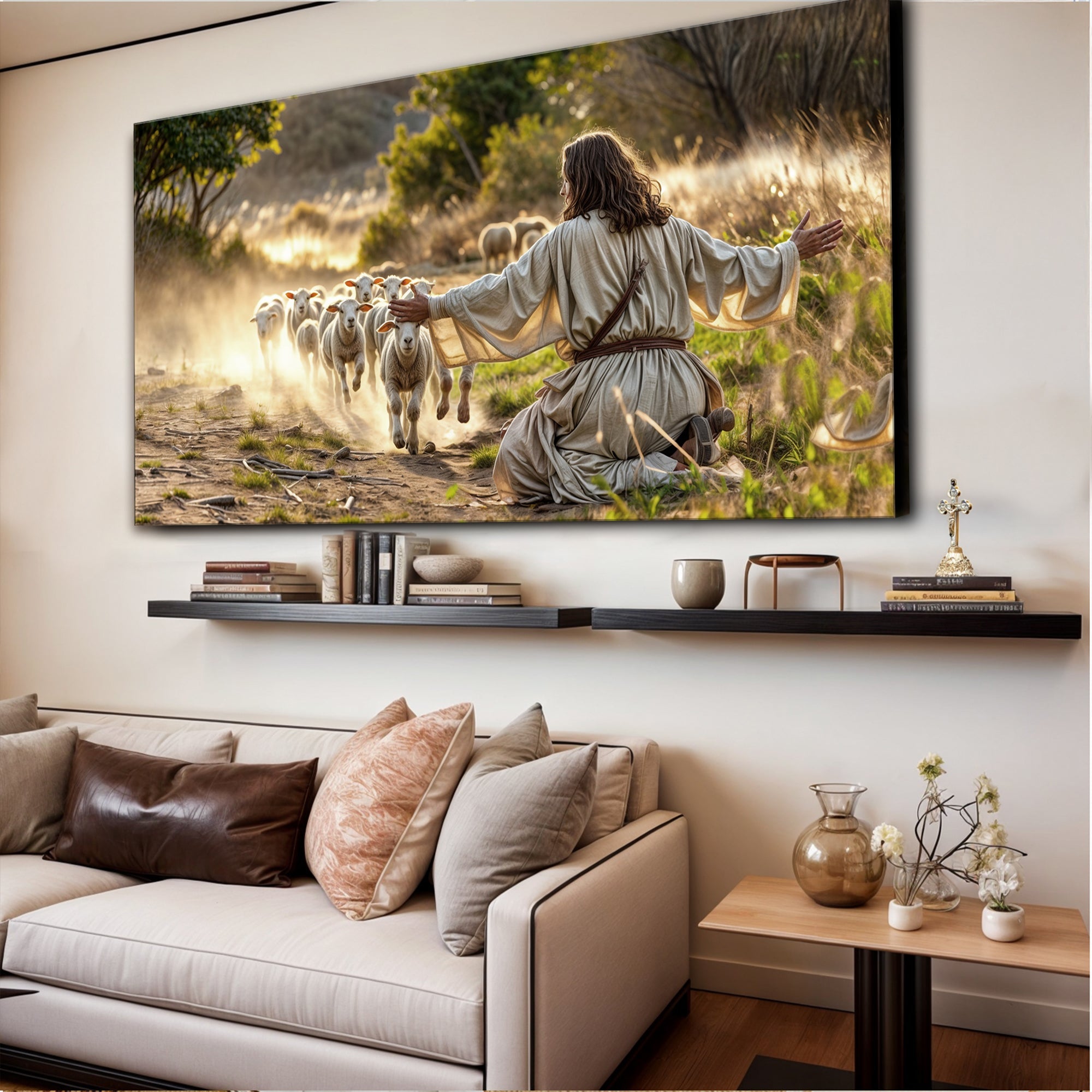 Landscape canvas wall art featuring a kneeling figure and sheep in a grassy roadside scene