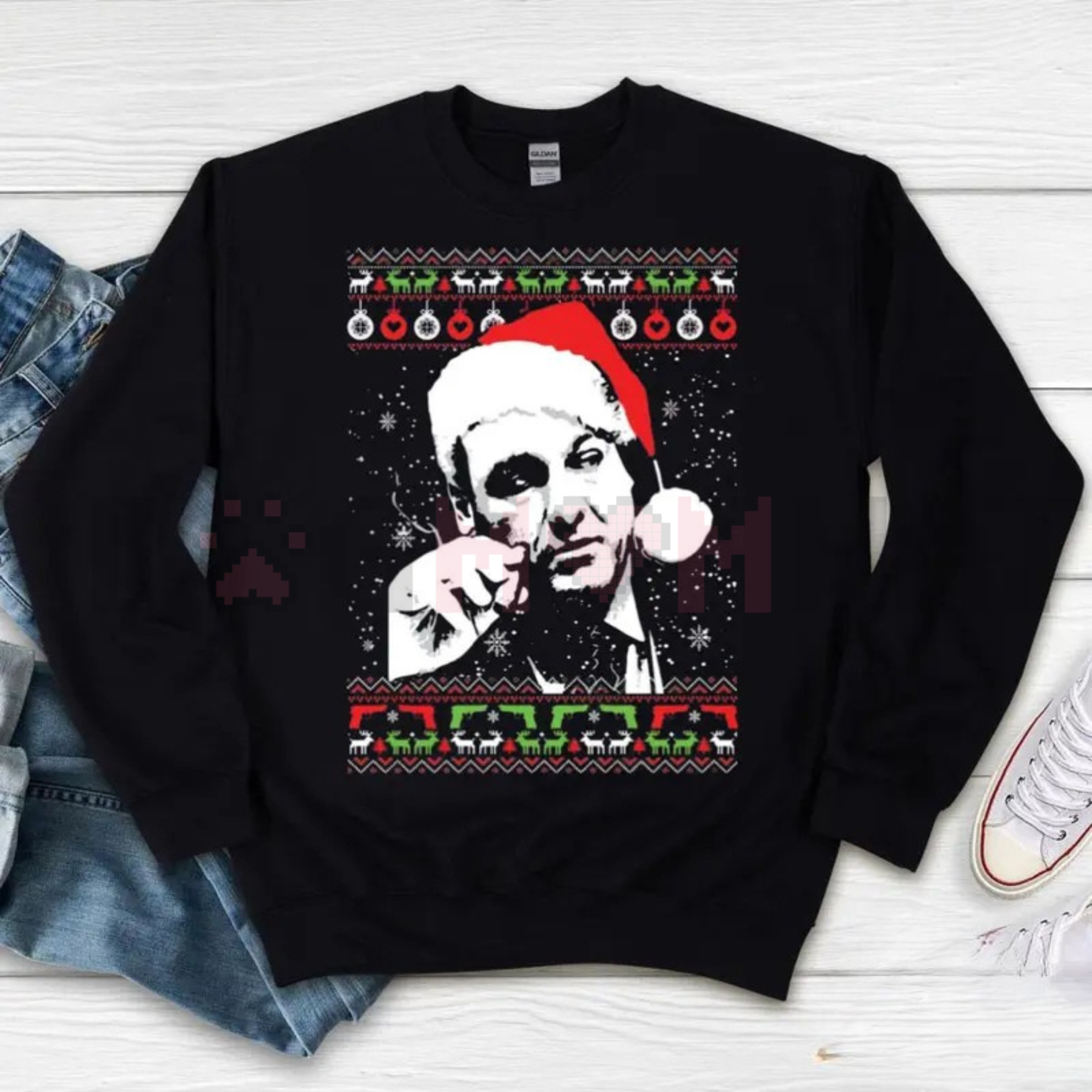 Black Tony Soprano ugly Christmas sweatshirt with Santa hat face graphic and festive border