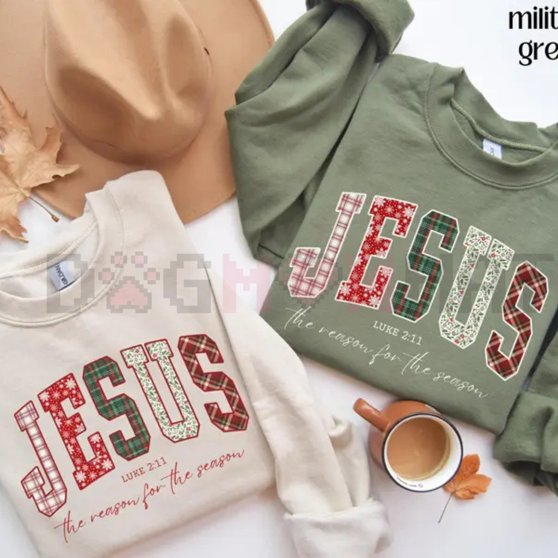 Green and white crewneck sweatshirts with red “JESUS” holiday graphic