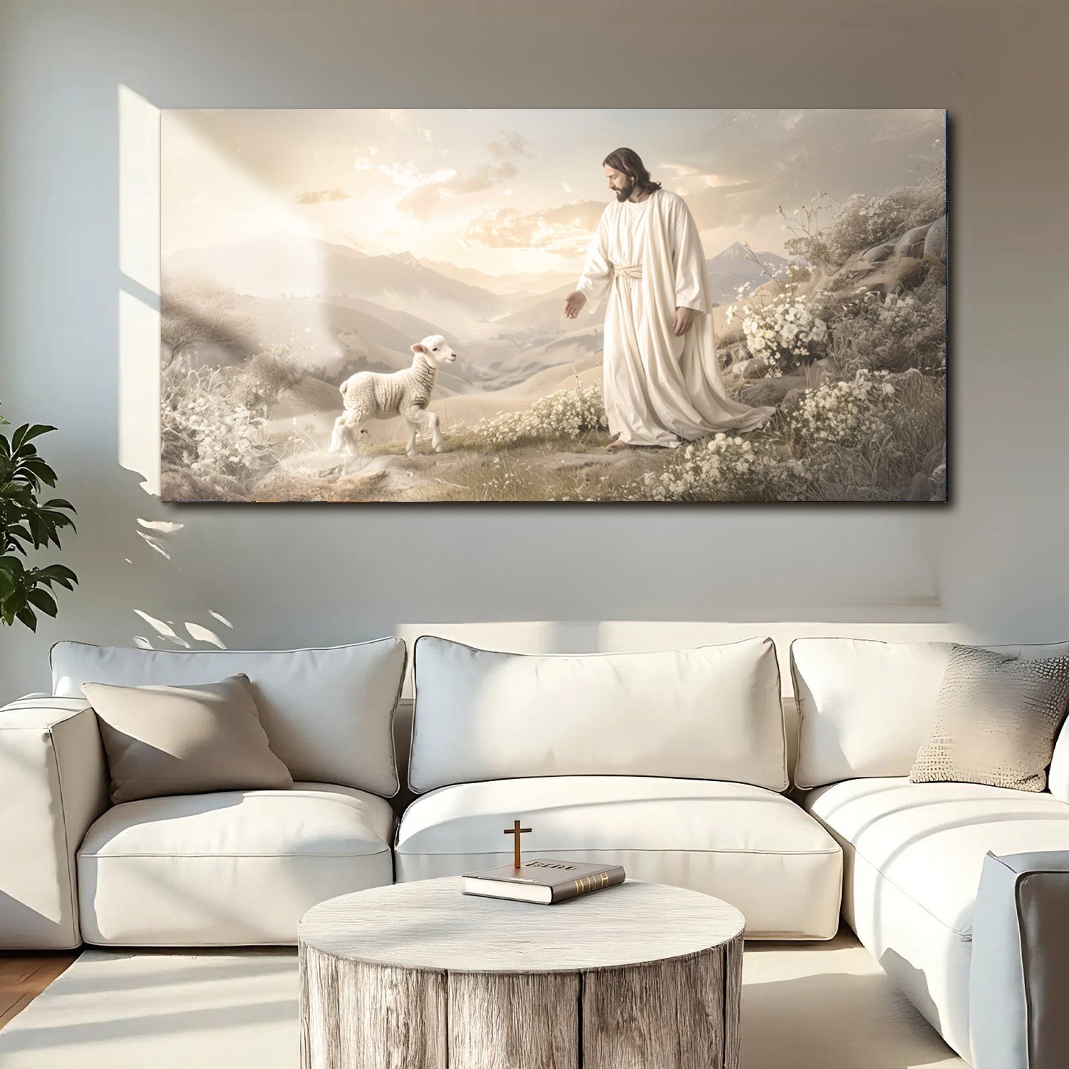 Religious canvas wall art with Jesus in white robe standing beside a lamb outdoors
