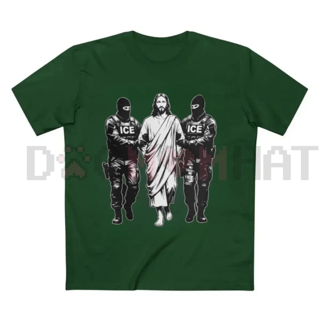 Forest green T-shirt with graphic of three figures and a central robed figure