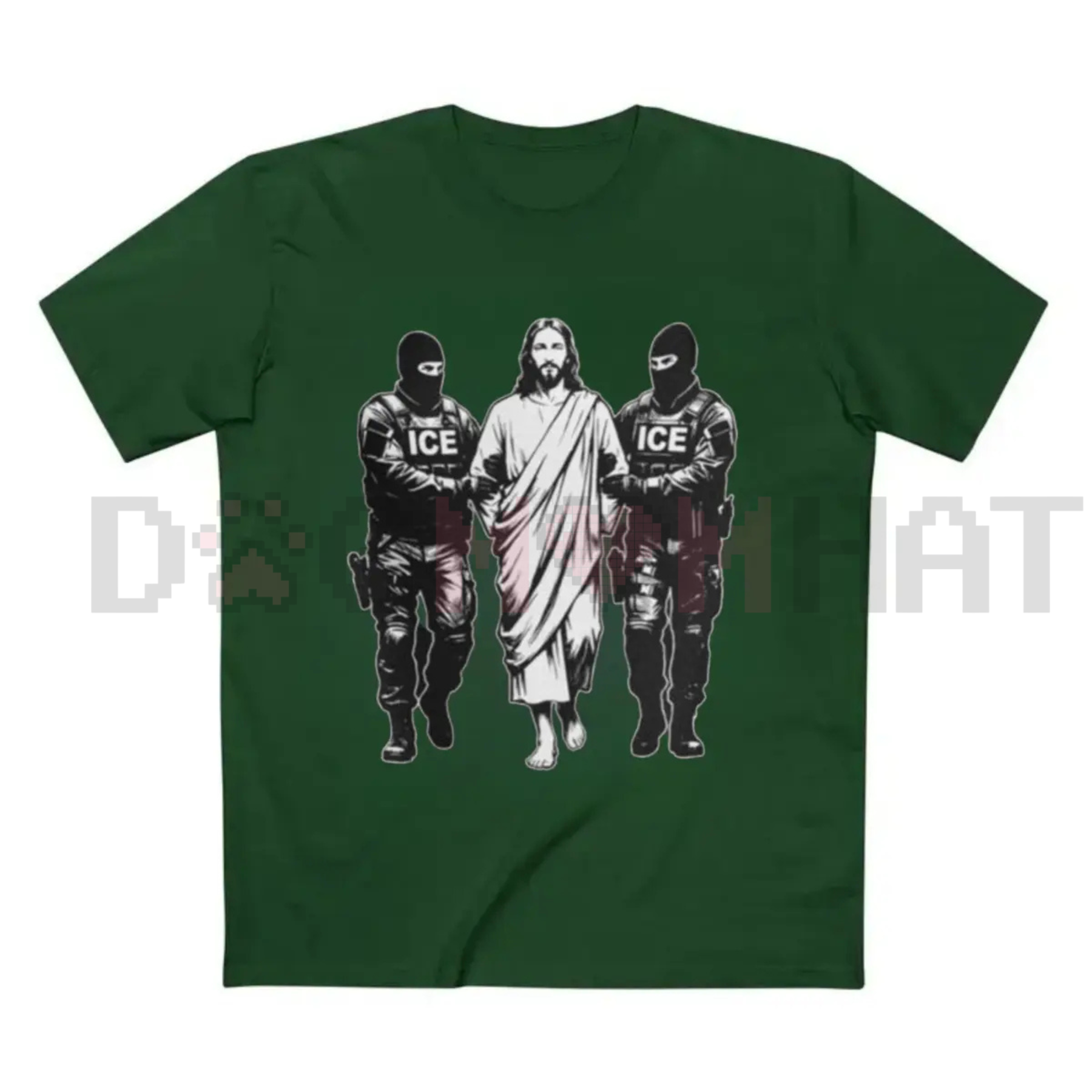 Forest green T-shirt with graphic of three figures and a central robed figure