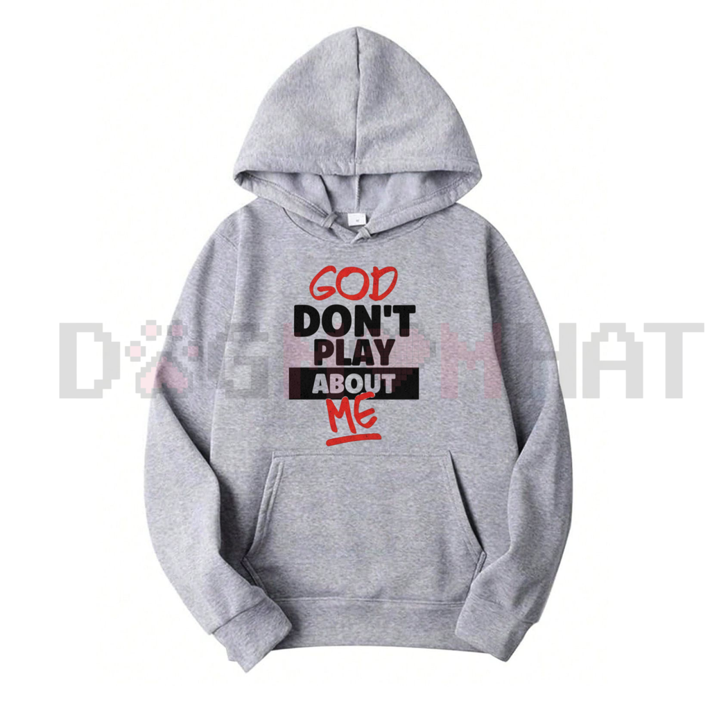 Light gray hoodie with front graphic text, pullover hood and front kangaroo pocket