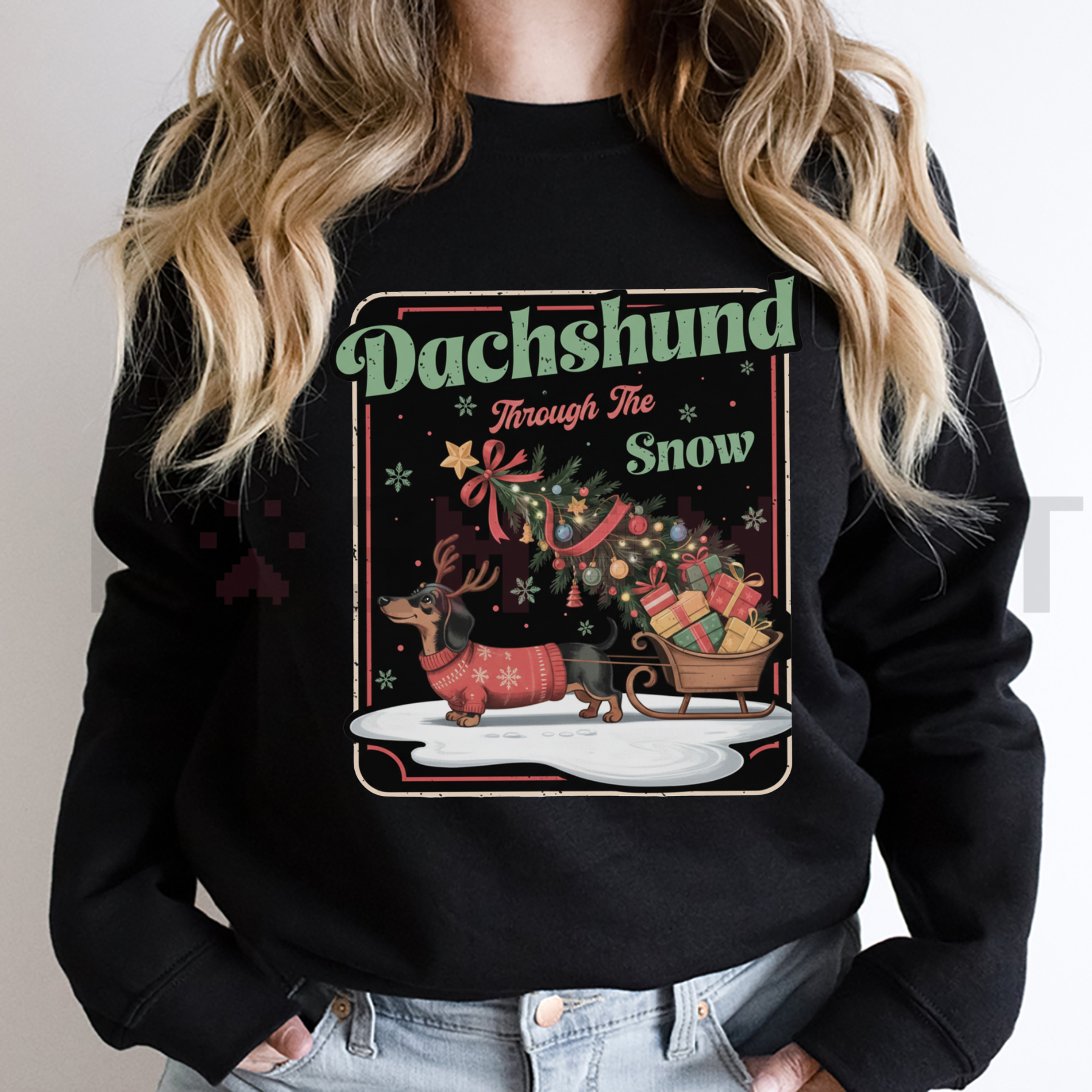 Black crewneck Christmas dog sweatshirt with graphic center front