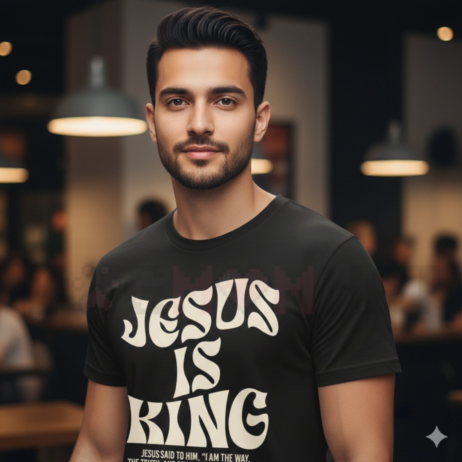 Black T-shirt front with 'JESUS IS KING' graphic and 'John 14:6' text