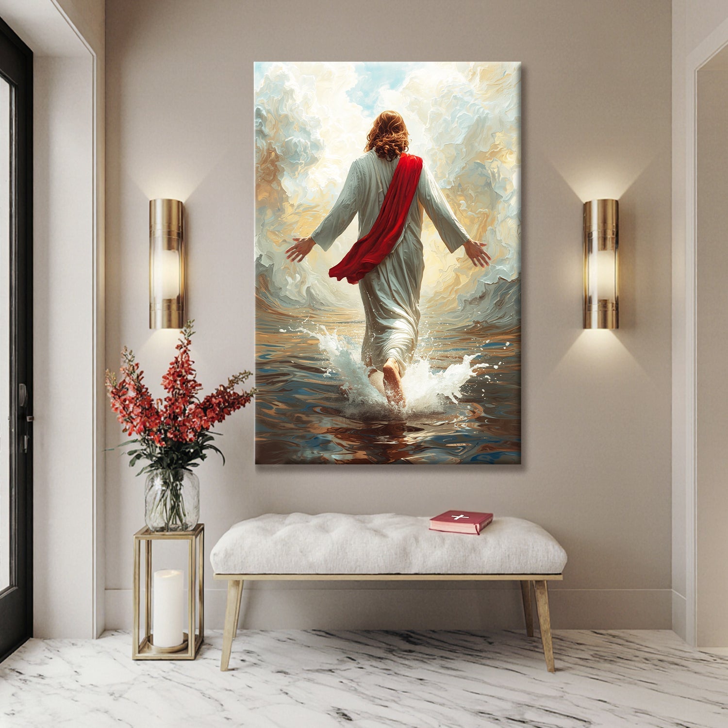 Canvas wall art showing Jesus walking on water, red robe and white tunic, spray at feet