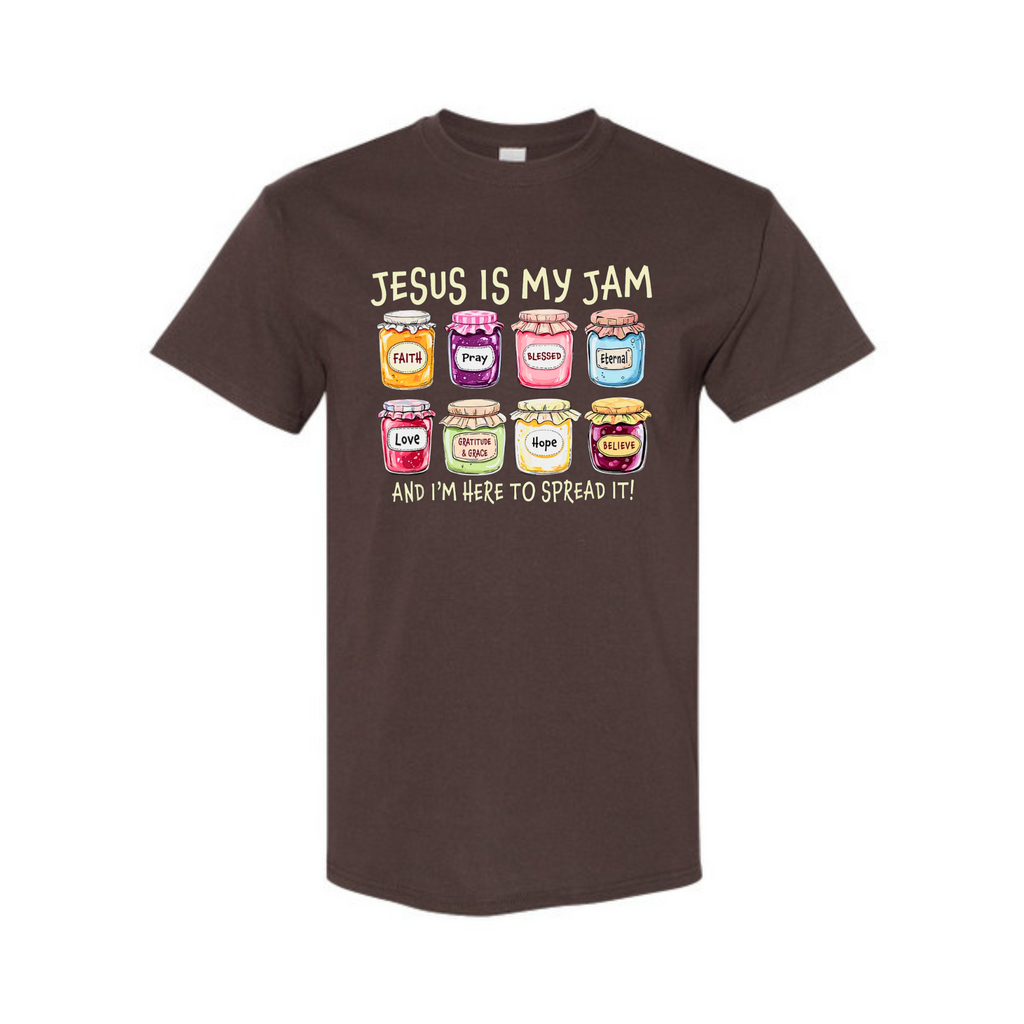 Dark brown unisex T-shirt with 'Jesus Is My Jam' graphic and message