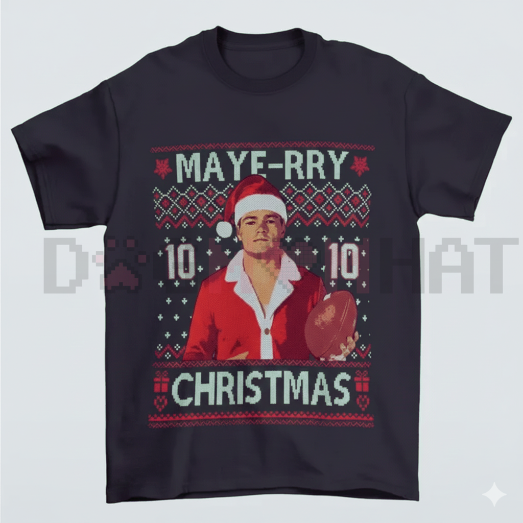 Unisex dark navy crewneck T-shirt with 'MAYE-RRY' Christmas front graphic