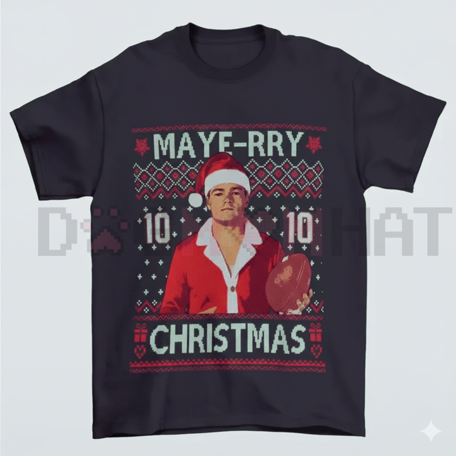 Unisex dark navy crewneck T-shirt with 'MAYE-RRY' Christmas front graphic