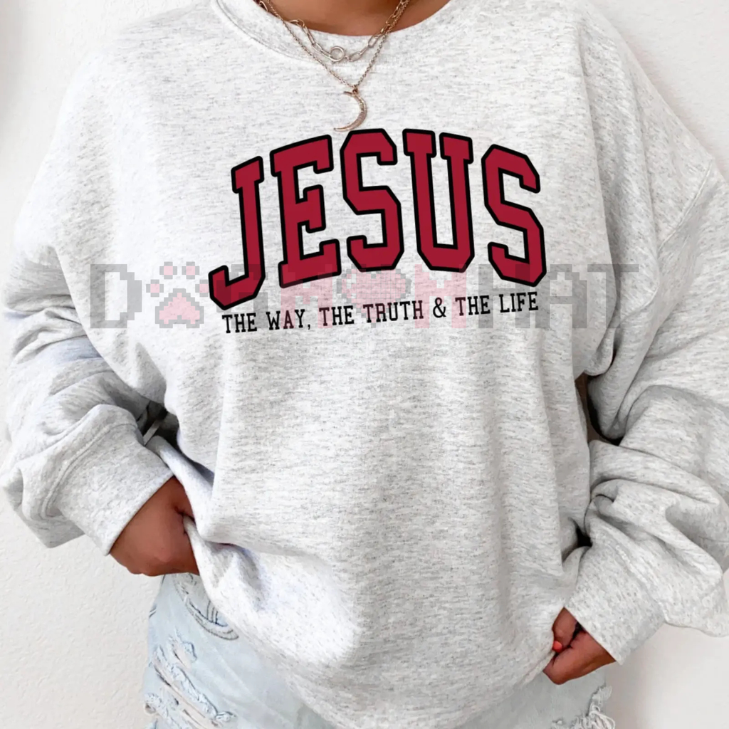 Heather gray crewneck sweatshirt with Jesus graphic and faith slogan on front