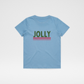 Toddler graphic T-shirt in blue with 'JOLLY' striped logo on front