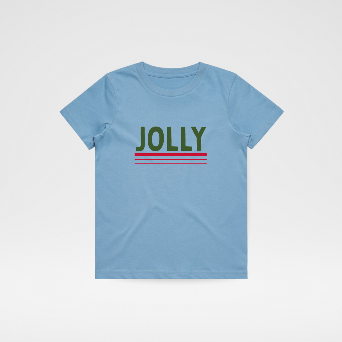 Toddler graphic T-shirt in blue with 'JOLLY' striped logo on front