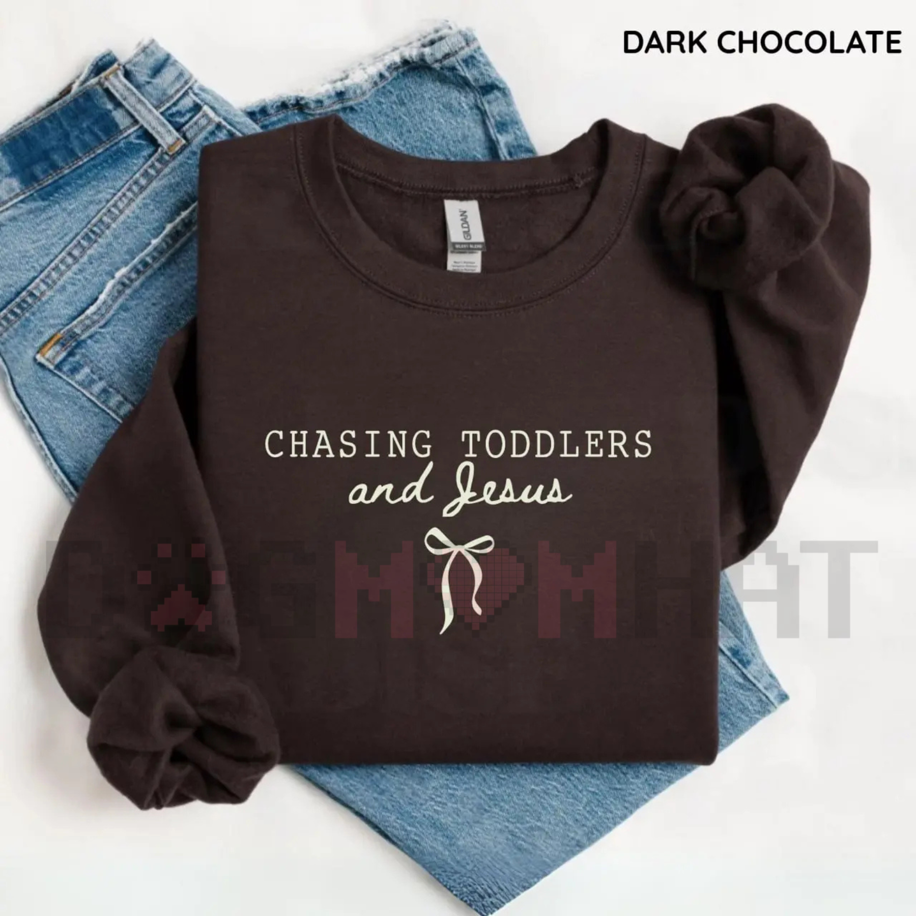 Dark chocolate sweatshirt with puff sleeves and 'Chasing Toddlers and Jesus' graphic