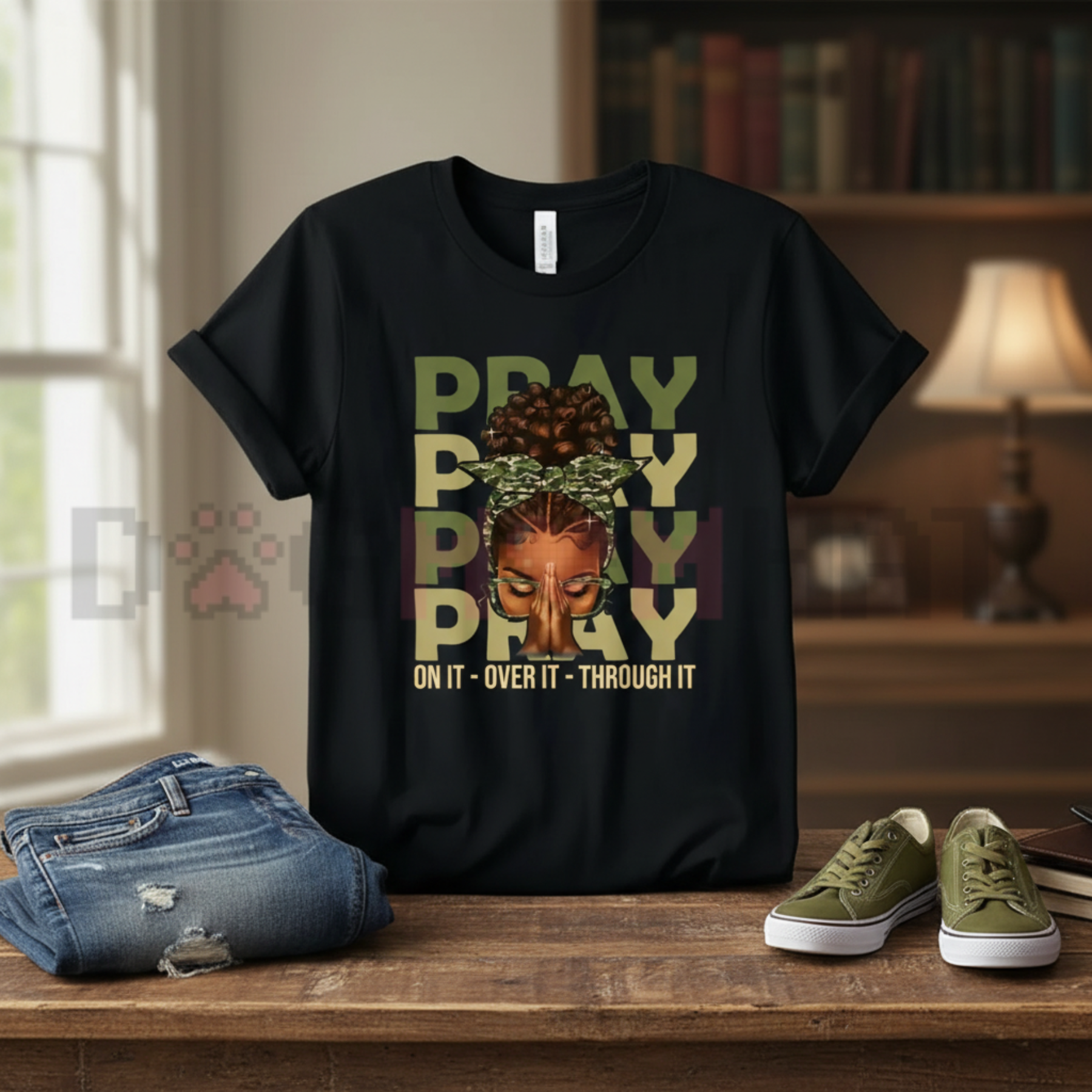 Black crewneck T-shirt with “PRAY” graphic and “ON IT - OVER IT - THROUGH IT” below