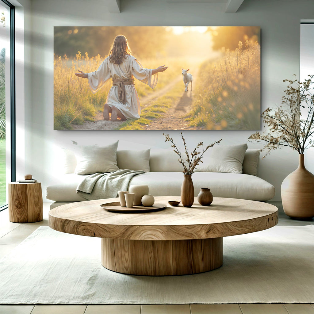 Landscape wall art canvas featuring kneeling woman in white robe and lamb along a path