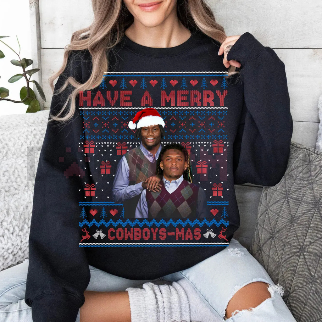 Black Christmas graphic sweatshirt with 'Have a Merry Cowboys-Mas' print