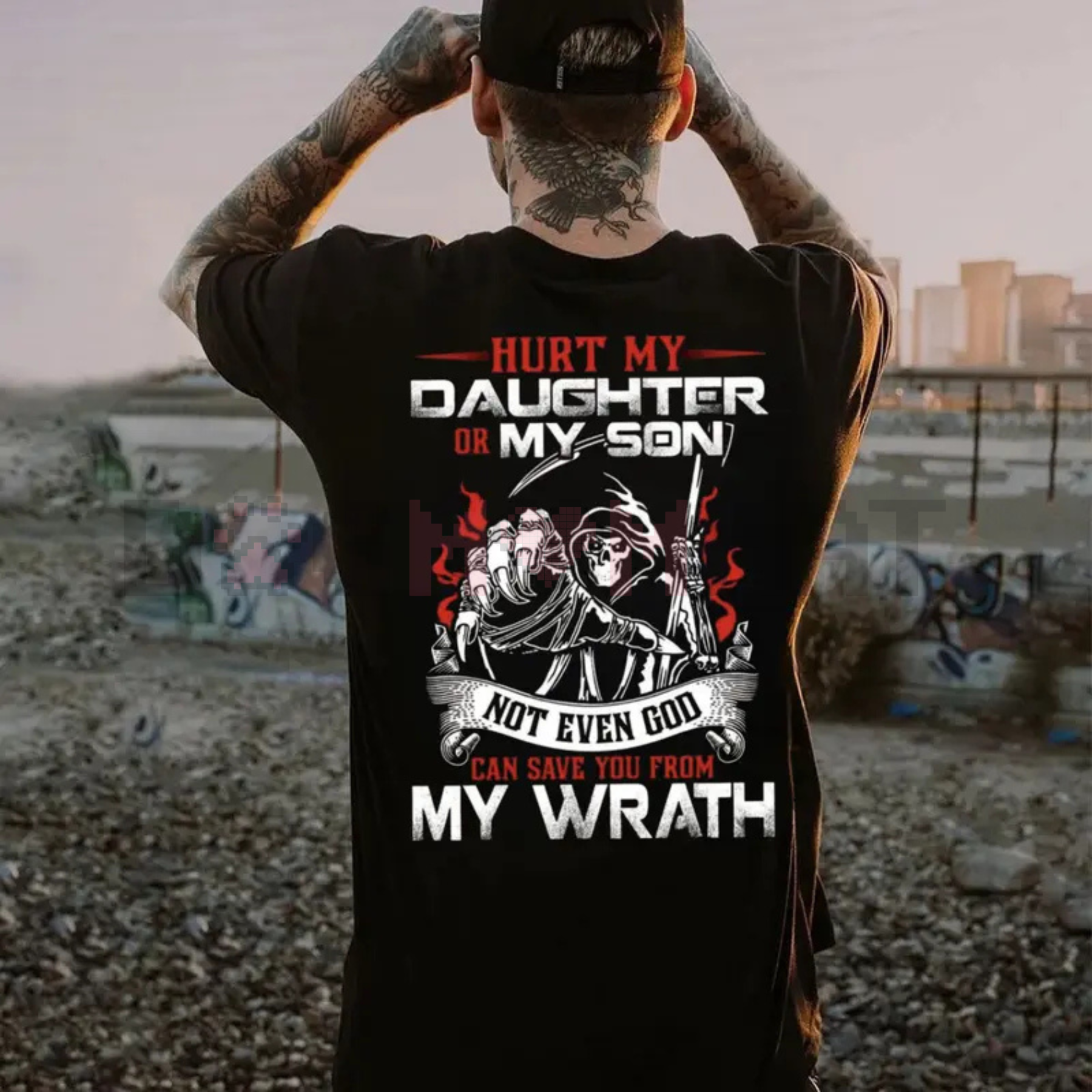 Black graphic dad T-shirt with back angel image and “my wrath” lettering