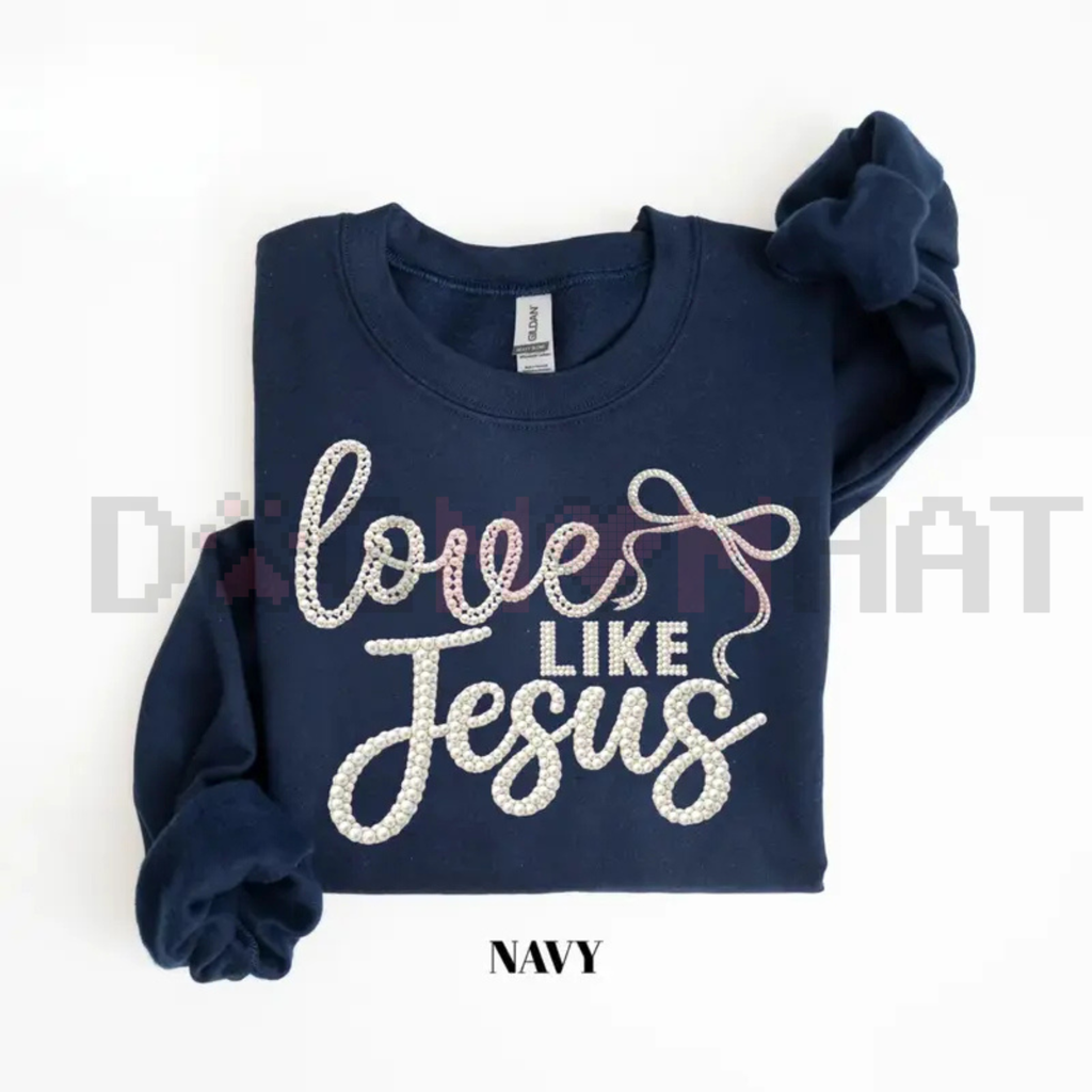 Navy crewneck sweatshirt with knot sleeves and glitter-style "Love Like Jesus" print