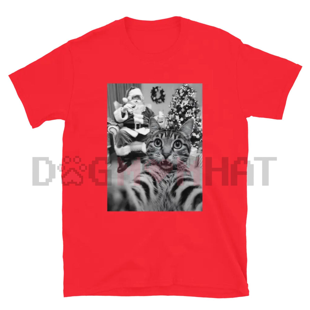 Unisex red T-shirt with grayscale cat and holiday graphic print on front