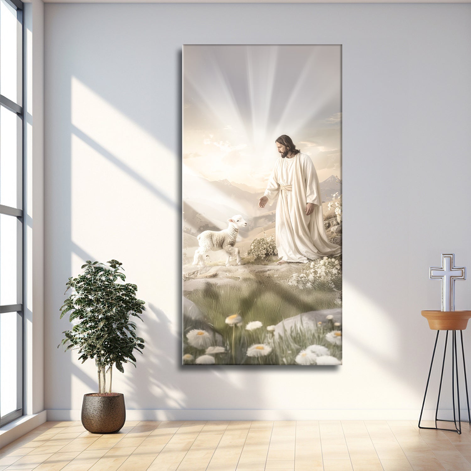 Faith wall art canvas with Jesus in a white robe and a lamb in a sunlit meadow