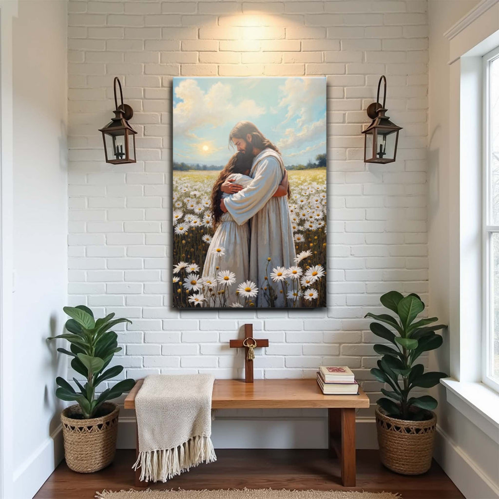 Faith wall art canvas: Jesus hugging a woman in a daisy field under a sunset sky