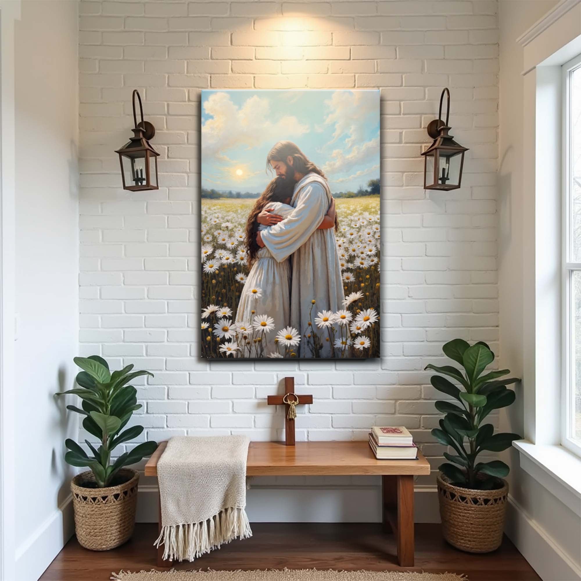 Faith wall art canvas: Jesus hugging a woman in a daisy field under a sunset sky