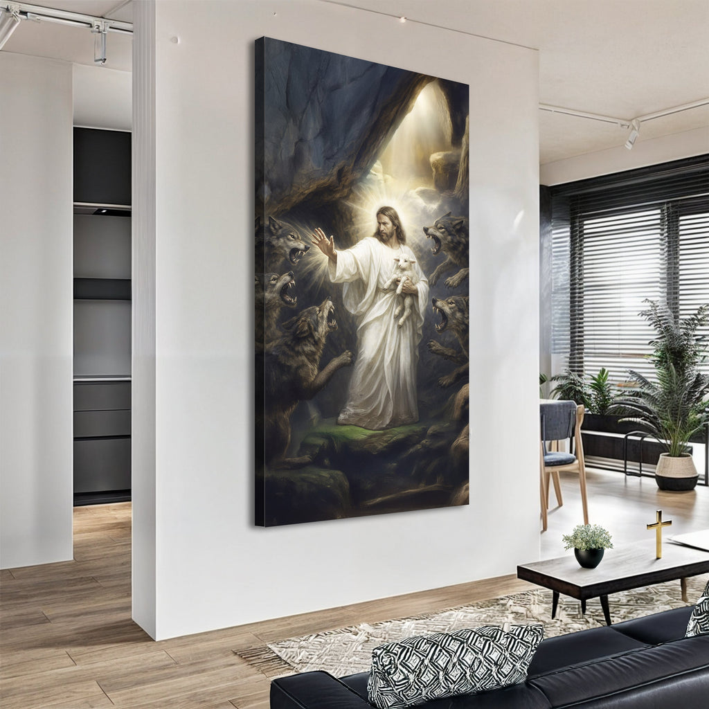 Vertical canvas wall art of Jesus in a white robe holding a lamb, wolves around