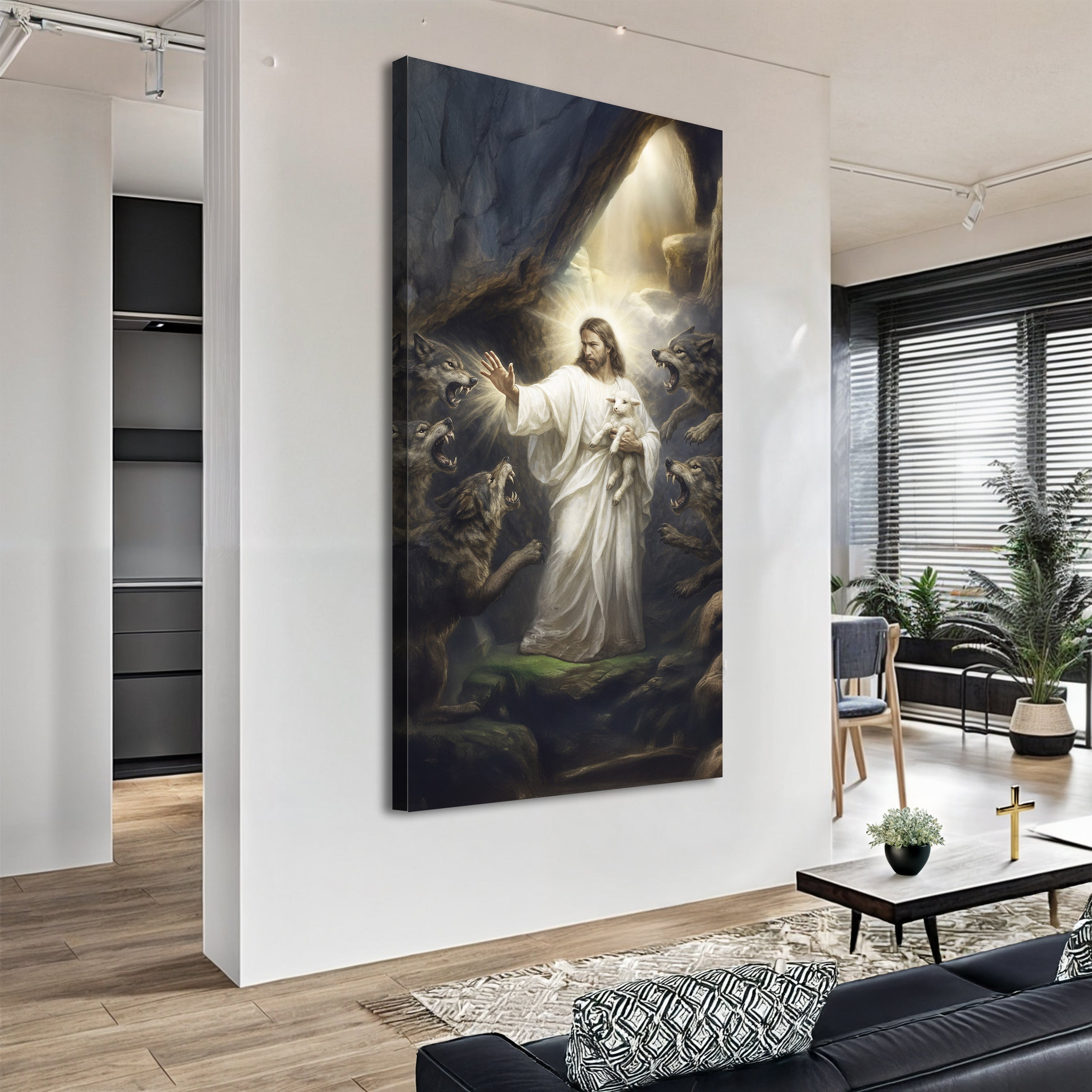 Vertical canvas wall art of Jesus in a white robe holding a lamb, wolves around