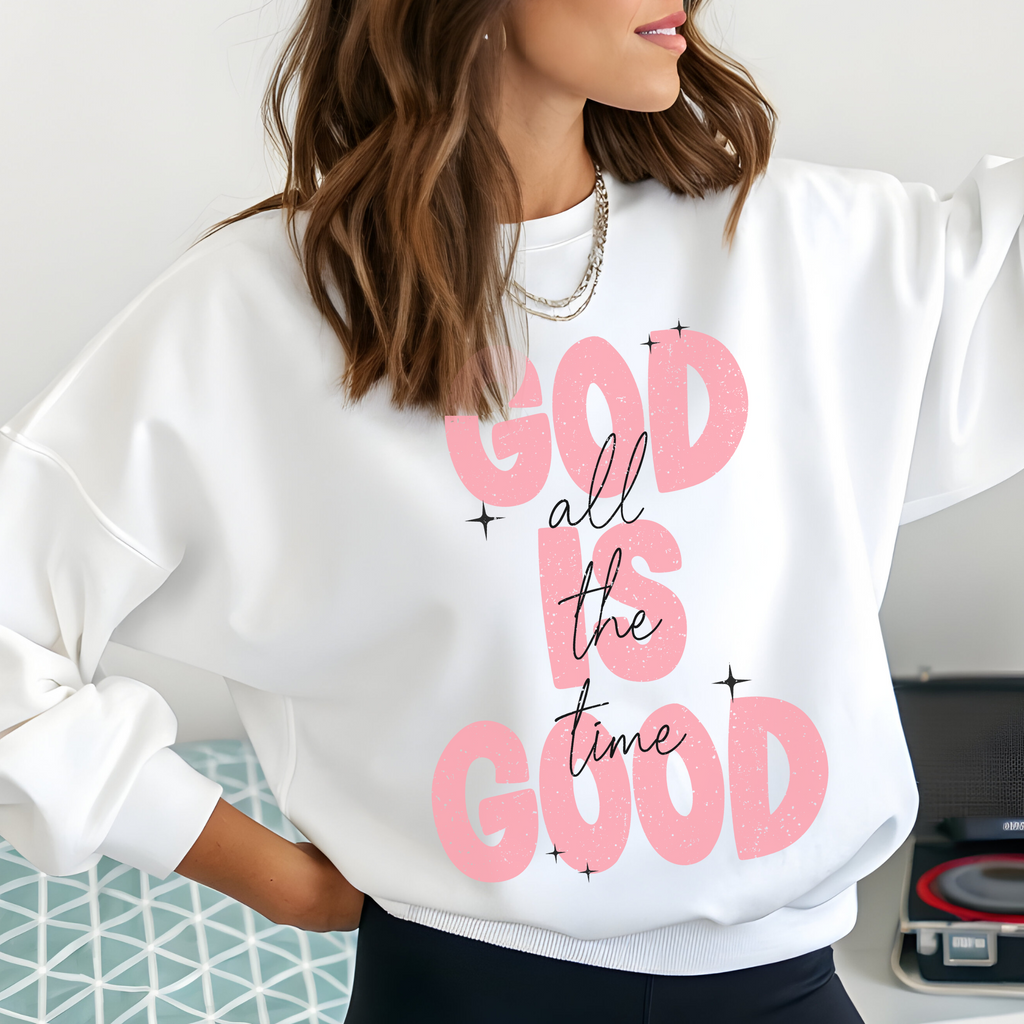 White crewneck sweatshirt with pink 'God all the time God' graphic and stars