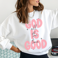 White crewneck sweatshirt with pink 'God all the time God' graphic and stars