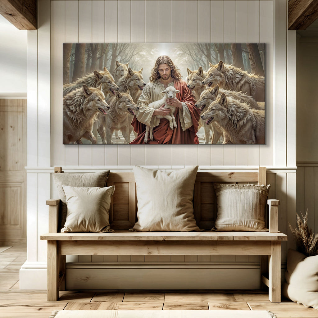 Christian wall art canvas above a bench showing Jesus with a white lamb and wolves