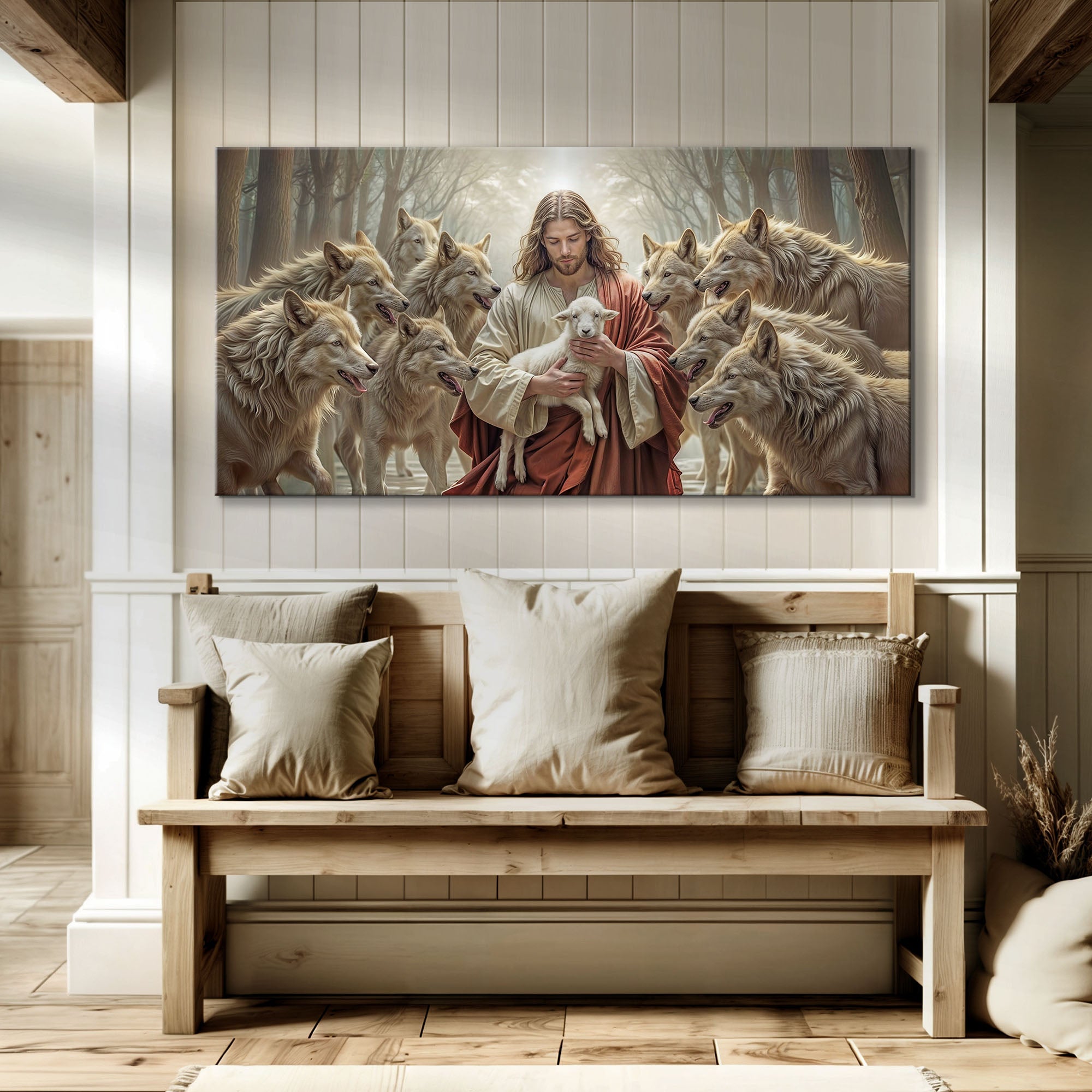 Christian wall art canvas above a bench showing Jesus with a white lamb and wolves