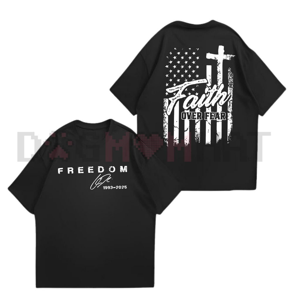 Black T-shirt with Freedom text and cross flag Faith over fear graphic