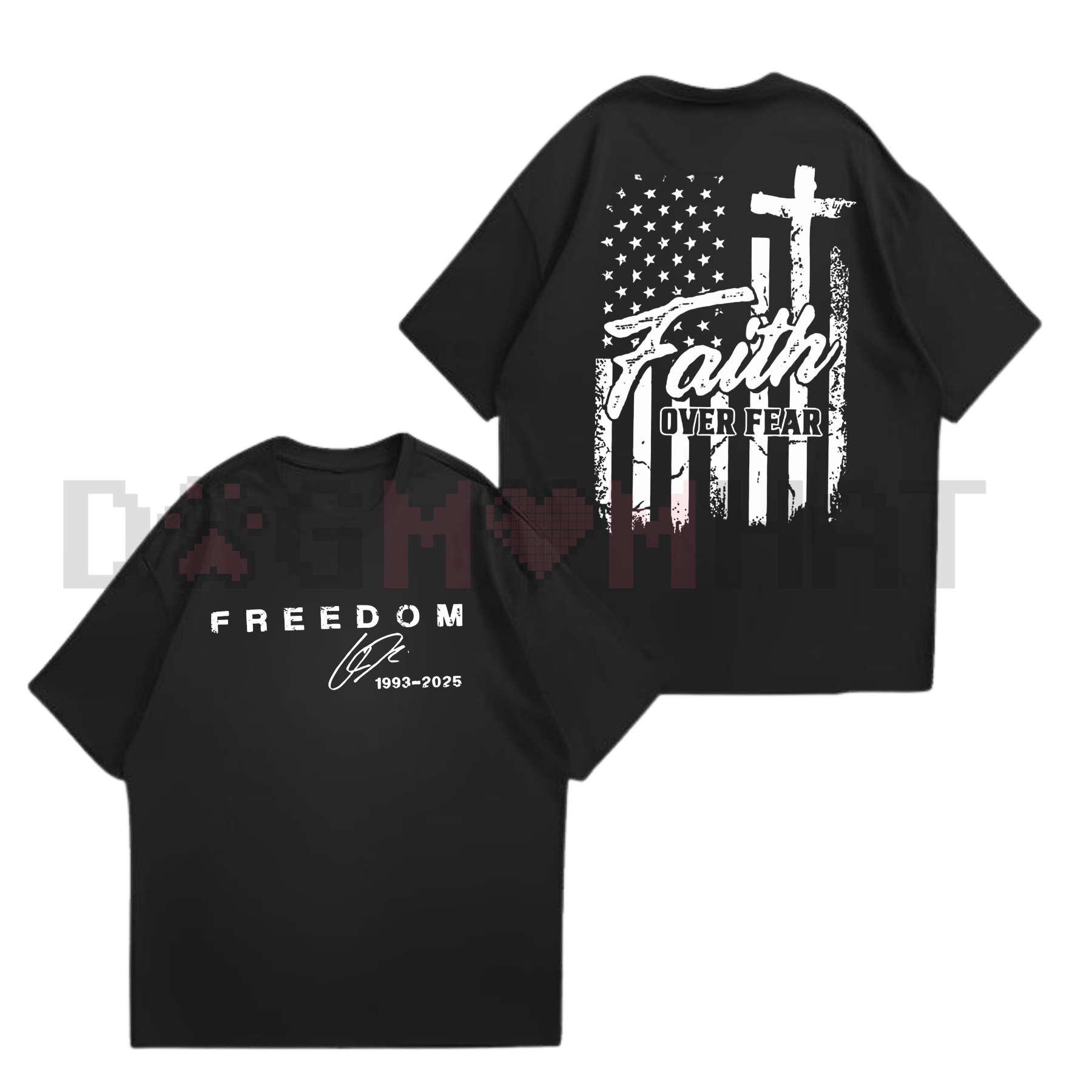 Black T-shirt with Freedom text and cross flag Faith over fear graphic